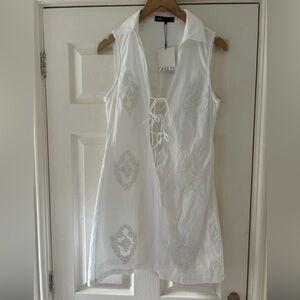 Zara White Embroidered Mini Dress Size Large Lace up Front Lined Cotton